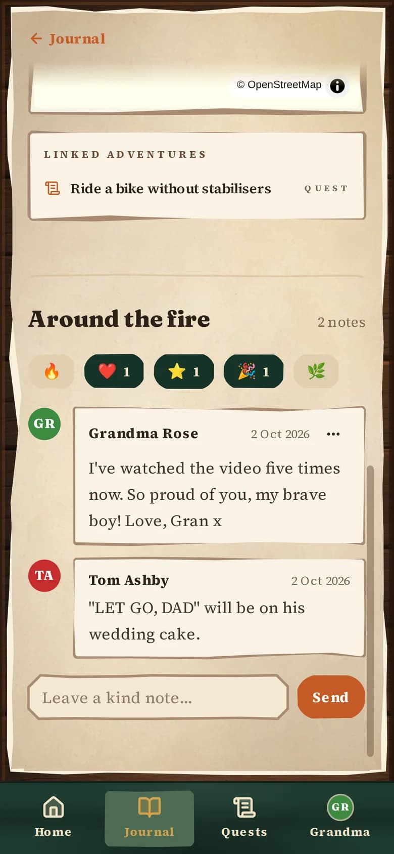 Kind notes from Grandma Rose under a Journal entry, on a phone.