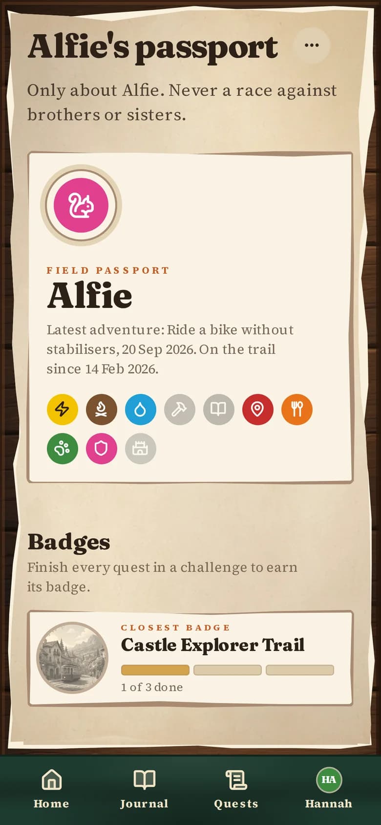 Alfie's passport on a phone: his field passport, quest categories and closest badge.