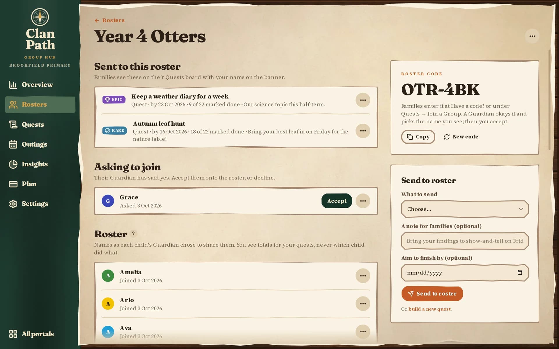 A Group Hub roster for “Year 4 Otters” at a primary school: quests sent home with totals done, a child asking to join, and a roster code.