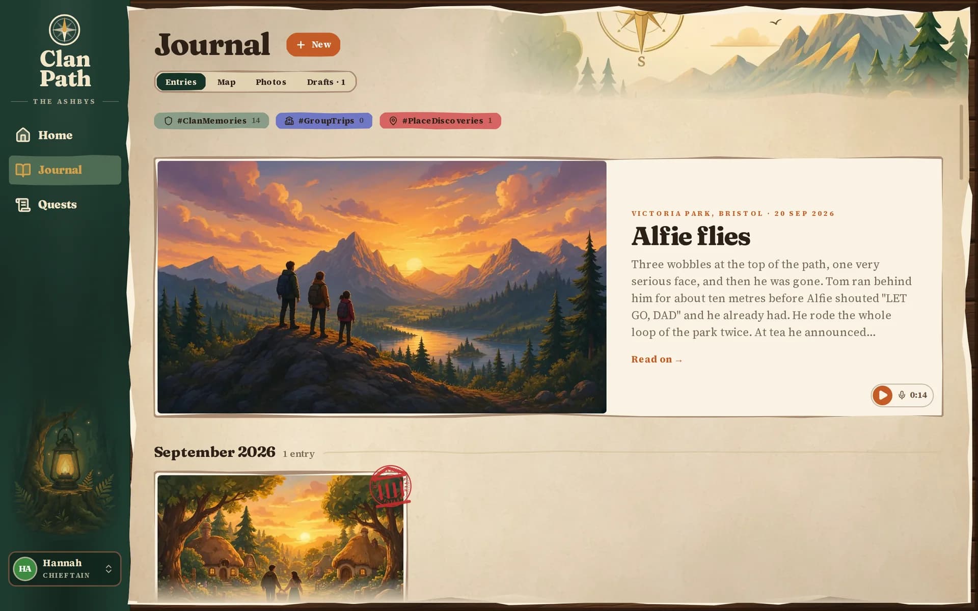 The Clan Path Journal on a laptop: a featured entry called “Alfie flies” with a painted mountain scene, a short story about learning to ride a bike, and a voice note.