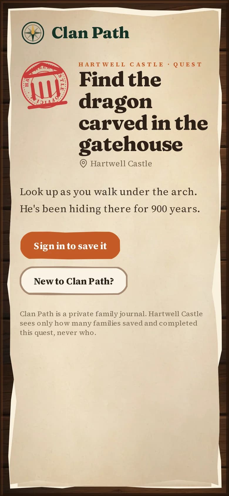 A Place quest on a phone: “Find the dragon carved in the gatehouse” at Hartwell Castle, with its souvenir stamp and a note that the castle only sees totals.