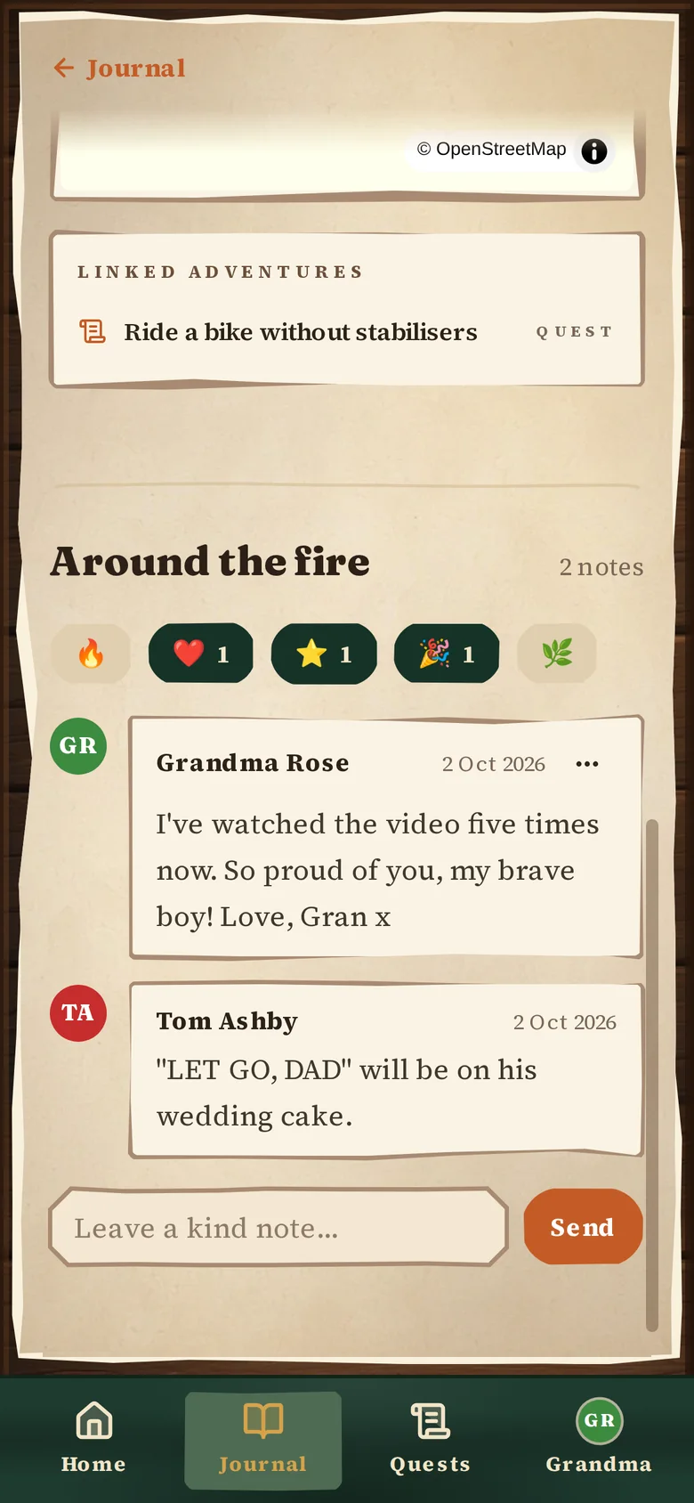 Kind notes under a Journal entry on a phone: Grandma Rose writes “So proud of you, my brave boy!”