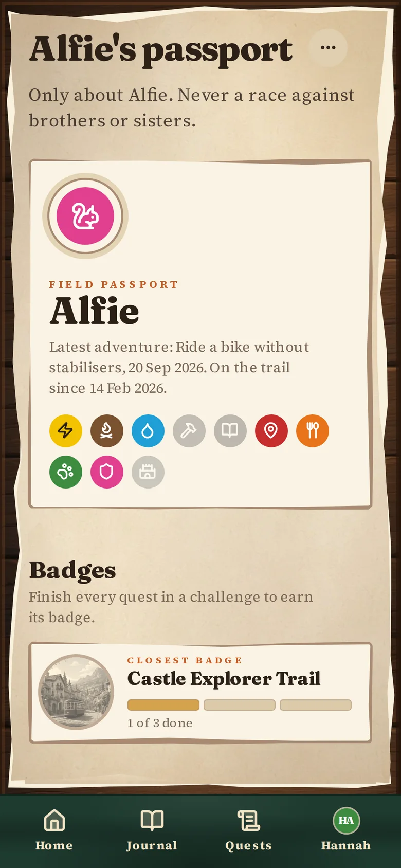 Alfie's passport on a phone: his field passport, quest categories and closest badge.