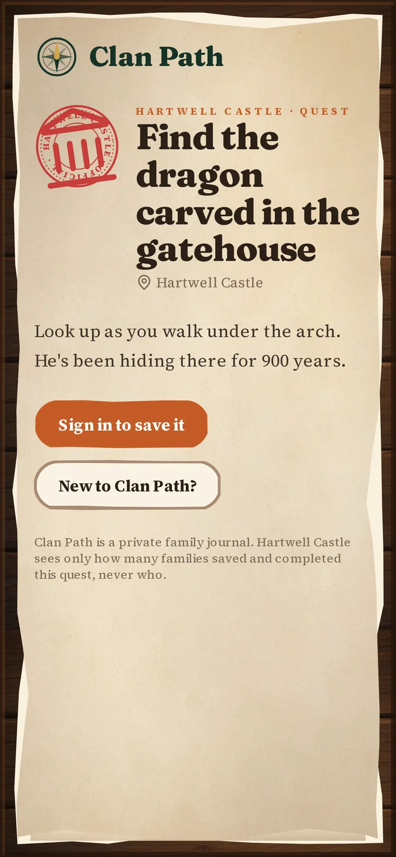 A Place quest on a phone: “Find the dragon carved in the gatehouse” at Hartwell Castle, with its souvenir stamp.