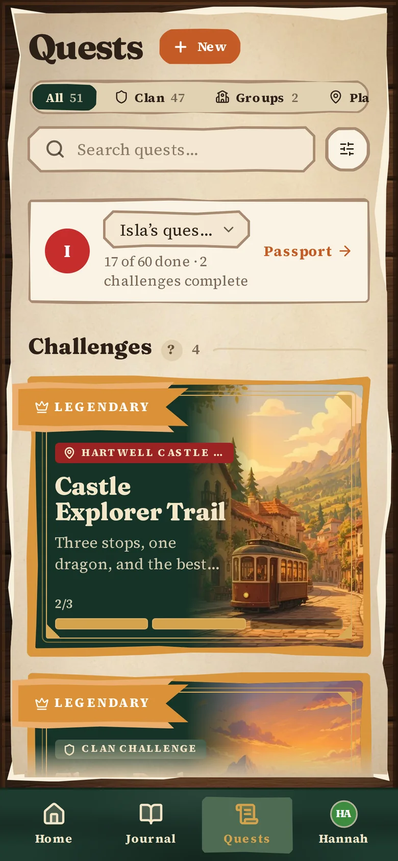The Quest Board on a phone: a child's progress and a Legendary trail from Hartwell Castle.